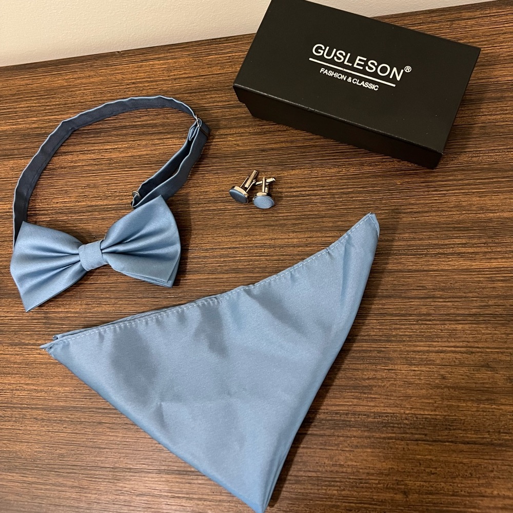 GUSLESON Bow Tie and Pocket Square Cufflink Set with Gift Box